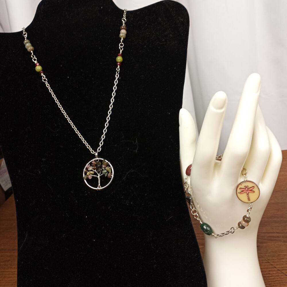 HANDMADE Fancy Jasper Tree Of Life Necklace & Bracelet Shades of green and brown